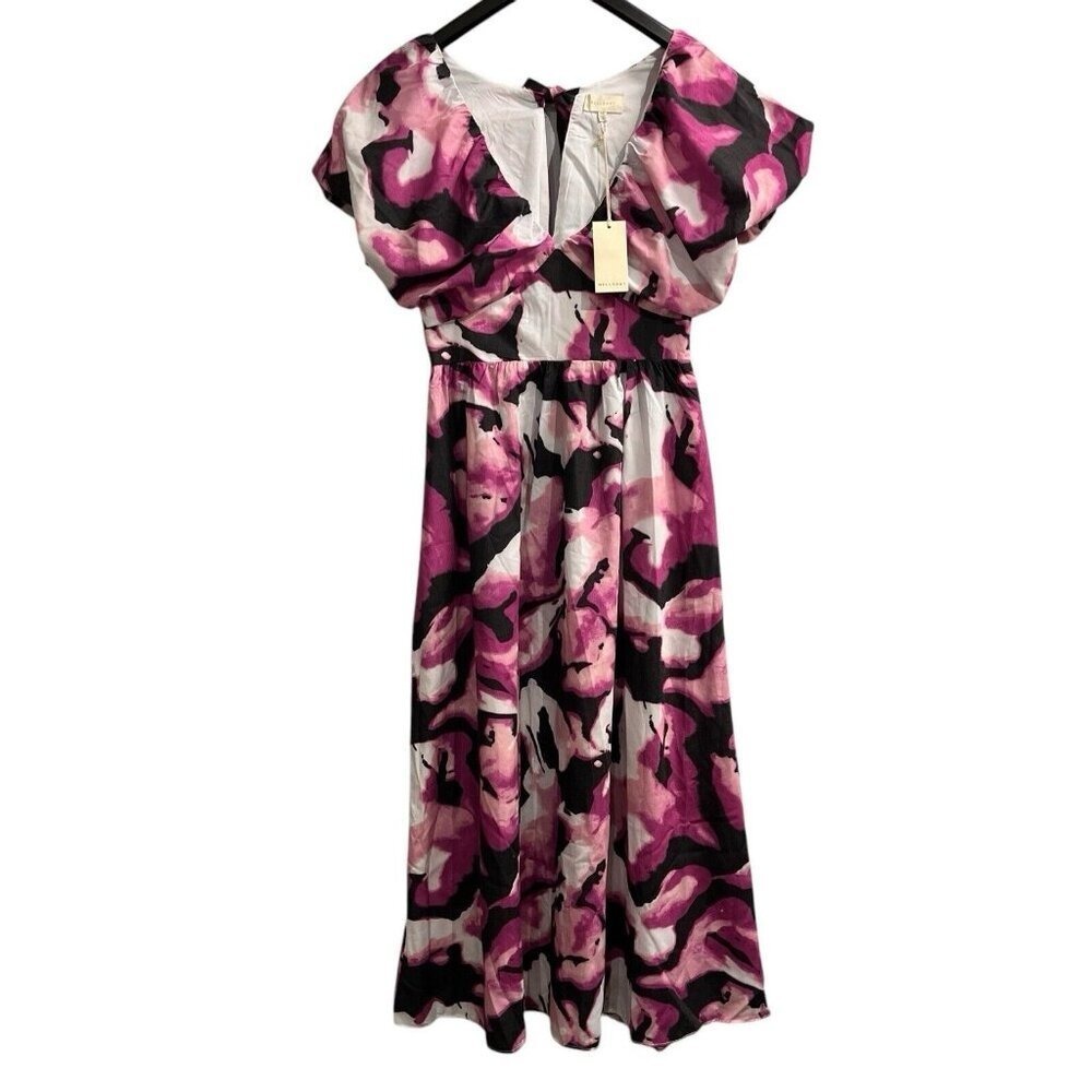 Melloday Dress Womens XS Dark Purple Artsy Floral Midi Puff Sleeve Feminine